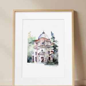 Acuarela Original Parroquia de San Jorge en Madrid. Dibujo urbano pintado a mano con tinta y acuarelas sobre papel