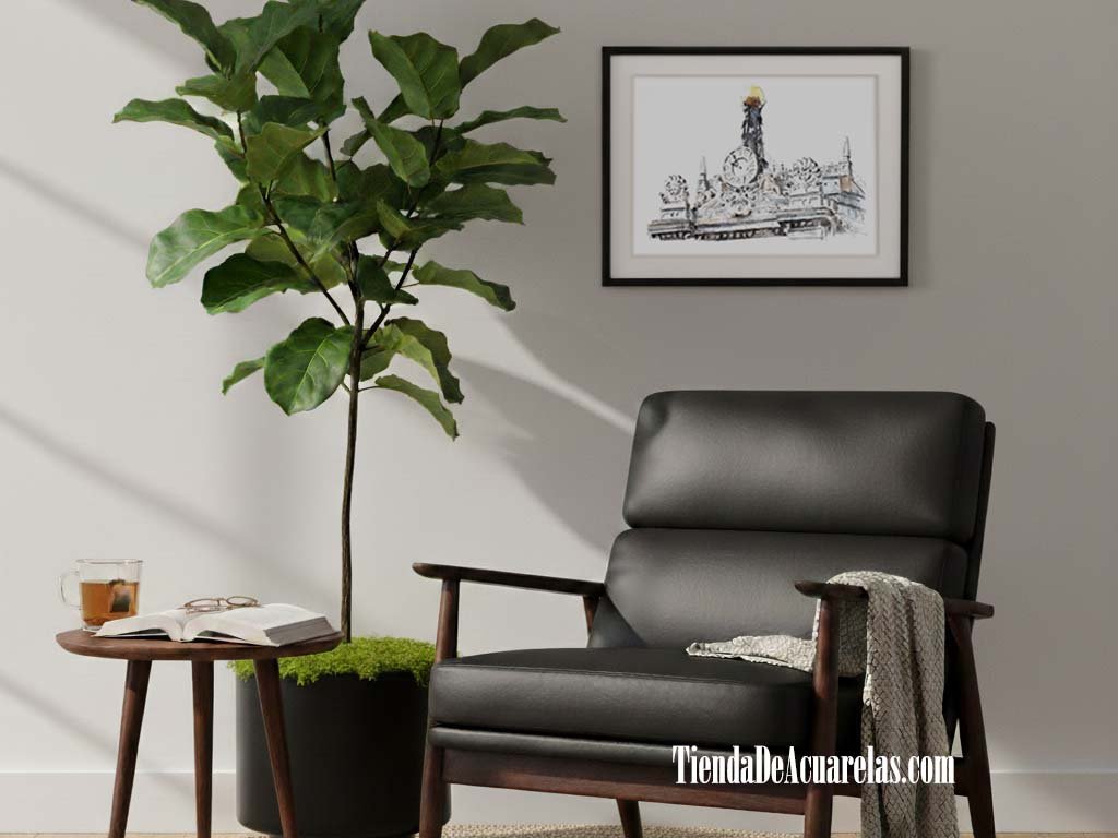 Acuarela detalle Banco de España, Madrid. Pintada a mano con acuarelas y tinta