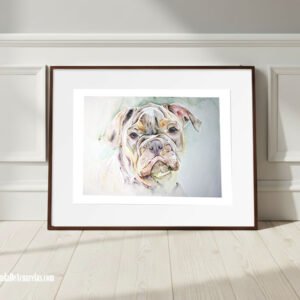 Acuarela Original perro Bulldog pintada a mano con acuarelas sobre papel