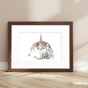 Acuarela arquitectura de la Iglesia de San Manuel y San Benito en Madrid, pintada a mano con acuarelas y tinta sobre papel