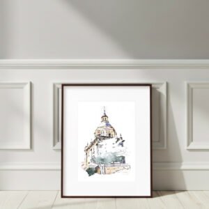 Acuarela Original de la Iglesia de San Andrés de Madrid, pintada a mano con tinta y acuarelas sobre papel