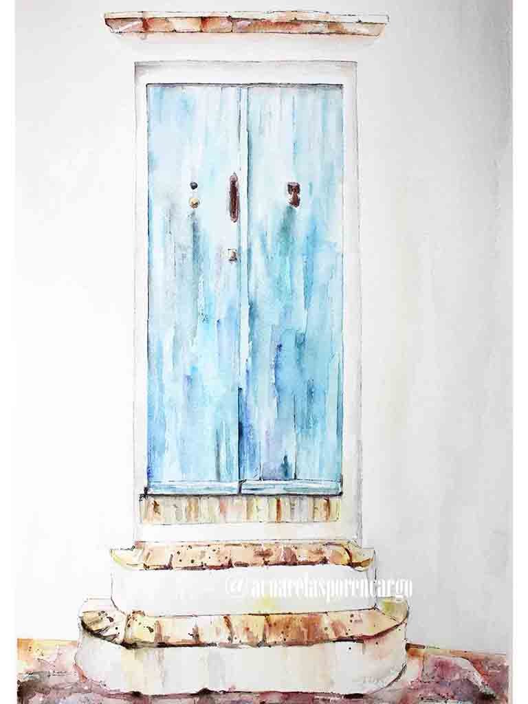 Lámina Acuarela Puerta azul Vejer de la Fra., Cádiz