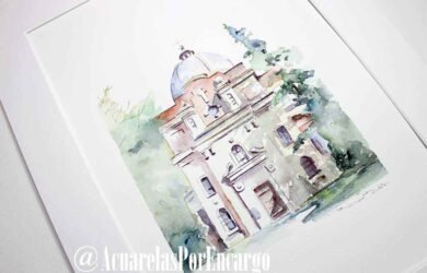 Acuarela de la Parroquia de San Jorge, Madrid. Pintada a mano con acuarelas y tinta