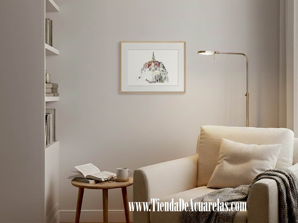 Obra original Acuarela de la Iglesia de San Manuel y San Benito en Madrid. Enmarcada