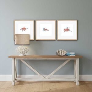 Tríptico Tortuga marina en Acuarela pintadas a mano sobre papel