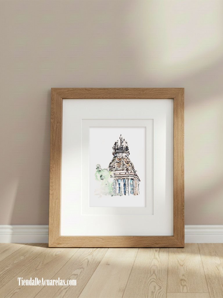 Acuarela Original dibujo urbano Cuadriga Aurora, Madrid pintada a mano con tinta y acuarelas sobre papel