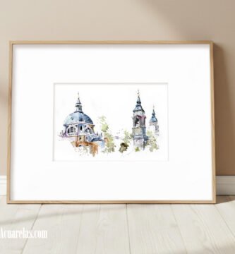 Acuarela Original dibujo urbano Catedral de la Almudena pintada a mano con tinta y acuarelas sobre papel