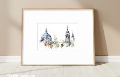 Acuarela Original dibujo urbano Catedral de la Almudena pintada a mano con tinta y acuarelas sobre papel