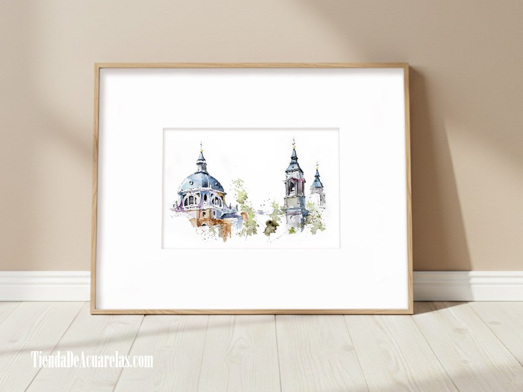 Acuarela Original dibujo urbano Catedral de la Almudena pintada a mano con tinta y acuarelas sobre papel
