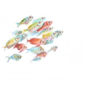 Acuarela Original Banco de peces de colores nadando juntos, acuarelas sobre papel