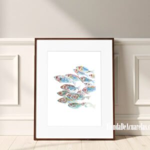 Acuarela Original Banco de peces azules nadando juntos, acuarelas sobre papel