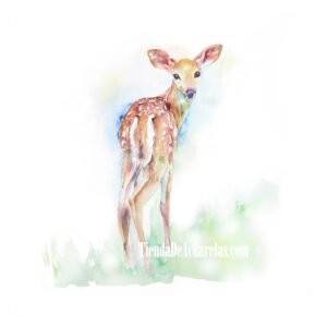 Acuarela Original, Ciervo infantil, pintado a mano sobre papel para decorar un dormitorio de niño