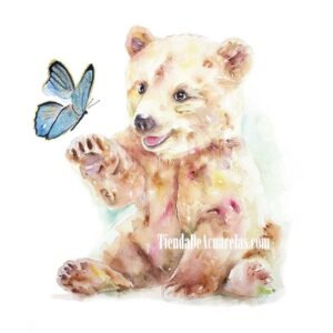 Acuarela Osito jugando con una Mariposa con detalles dorados, pintada a mano para dormitorio infantil