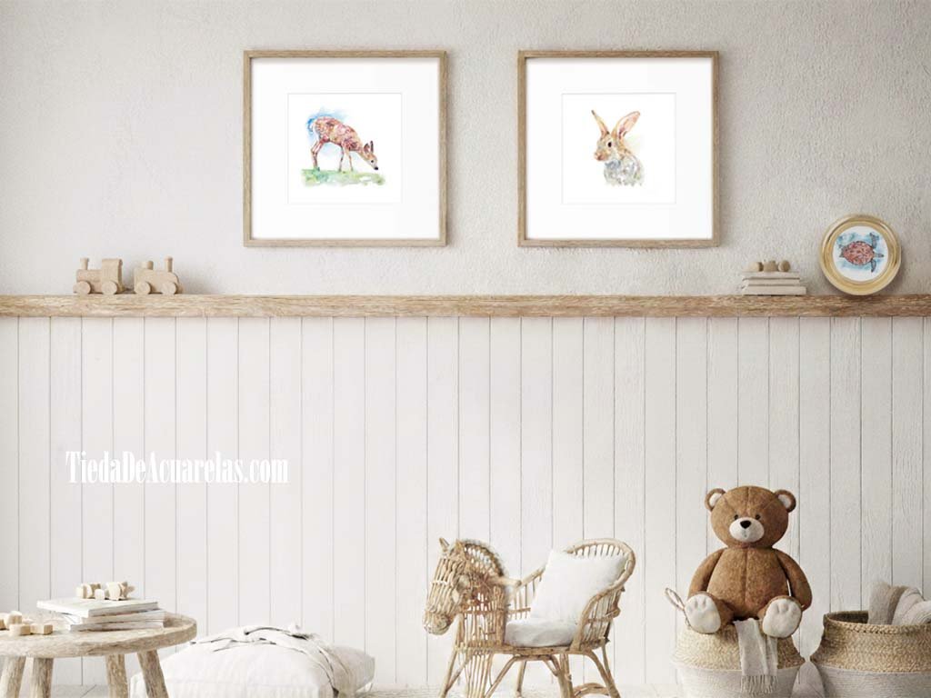 Acuarela original pequeño Conejito pintado a mano para dormitorio infantil