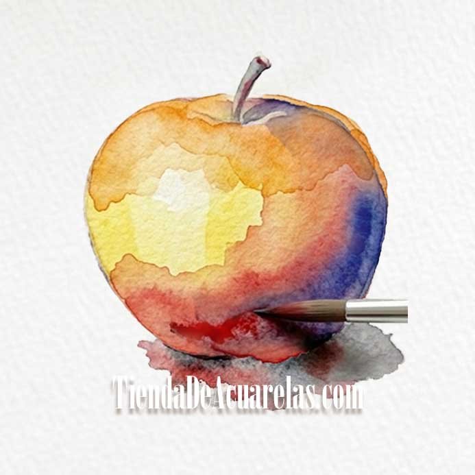 Proceso Manzana pintada por capas en acuarela. Tercera capa. Sobras profundas. Se añaden los detalles del tallo, las sombras en la base y los tonos fríos/ oscuros empleando la mezcla de Pyrrol Scarlet y Jane’s Gray