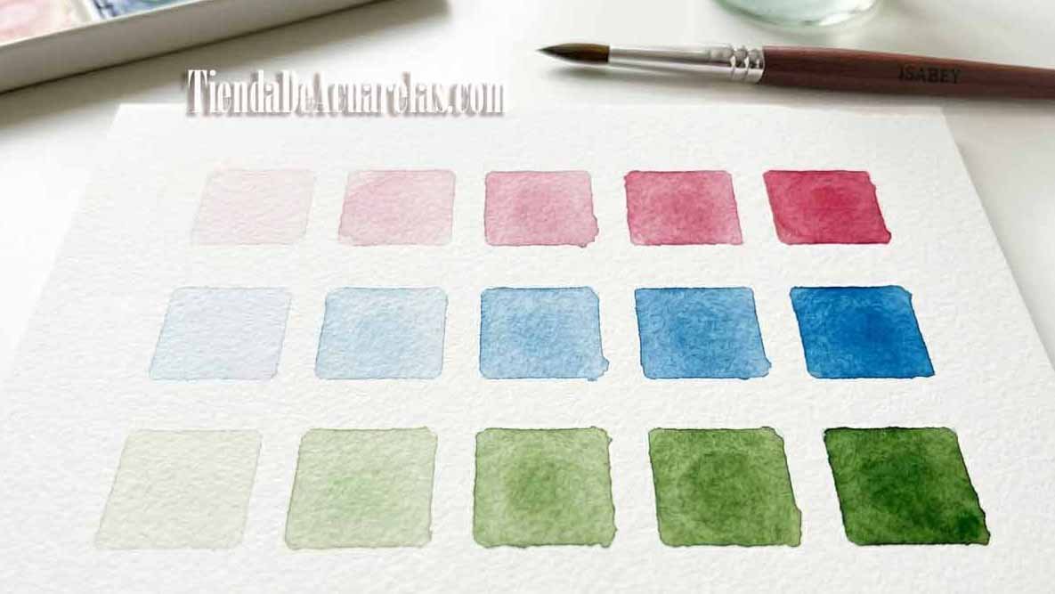 Muestra de cómo varía la transparencia de un color según la cantidad de agua